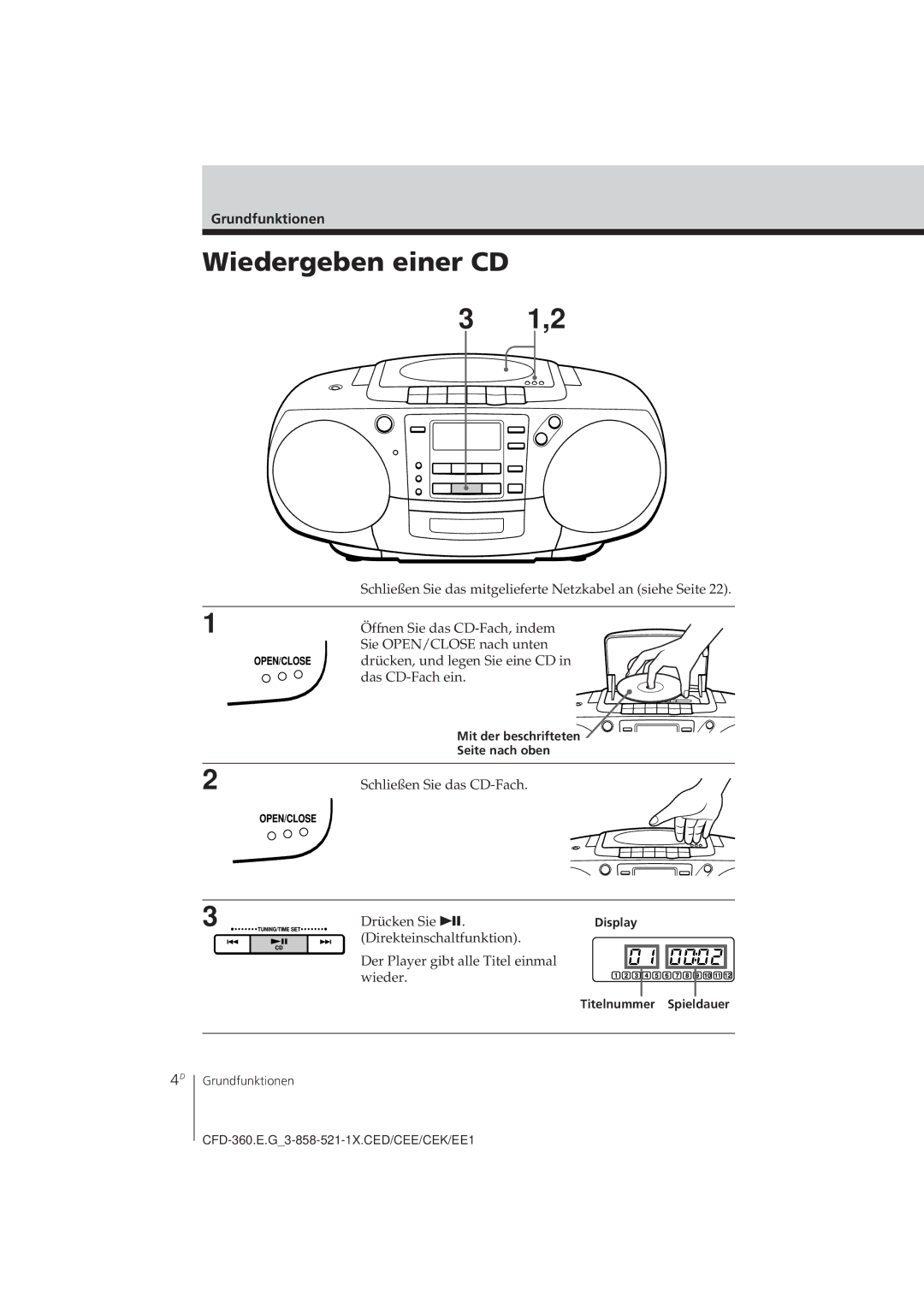 Sony CFD-360 Wiedergeben einer CD, Grundfunktionen, Mit der beschrifteten Seite nach oben, Display Titelnummer Spieldauer 