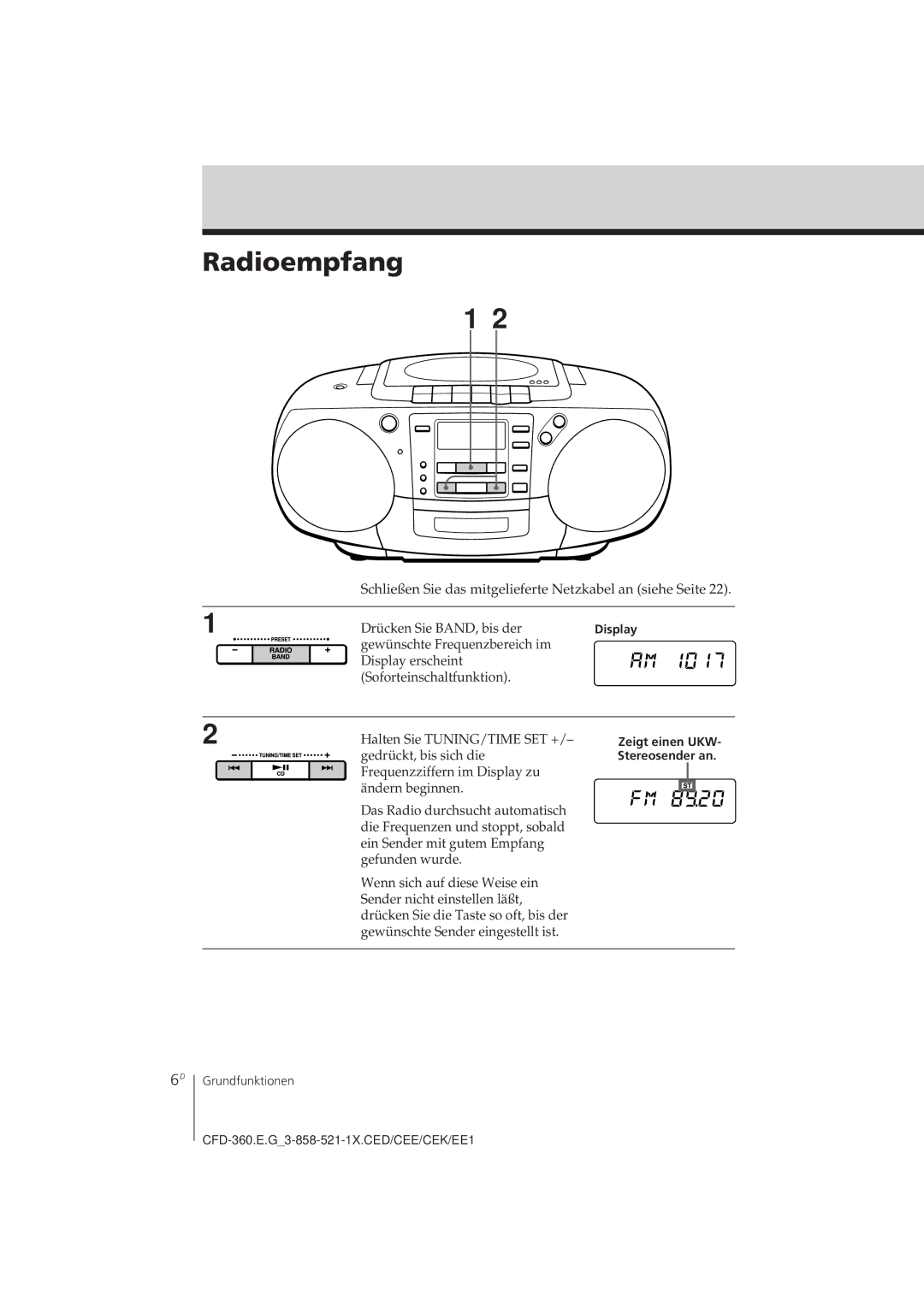 Sony CFD-360 operating instructions Radioempfang 