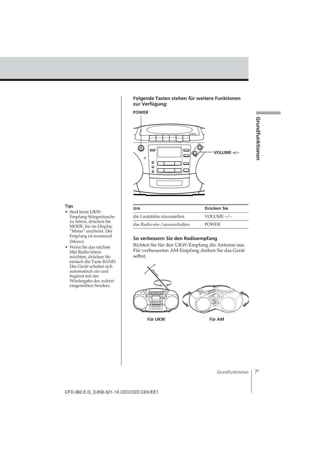 Sony CFD-360 operating instructions So verbessern Sie den Radioempfang, Für UKW 