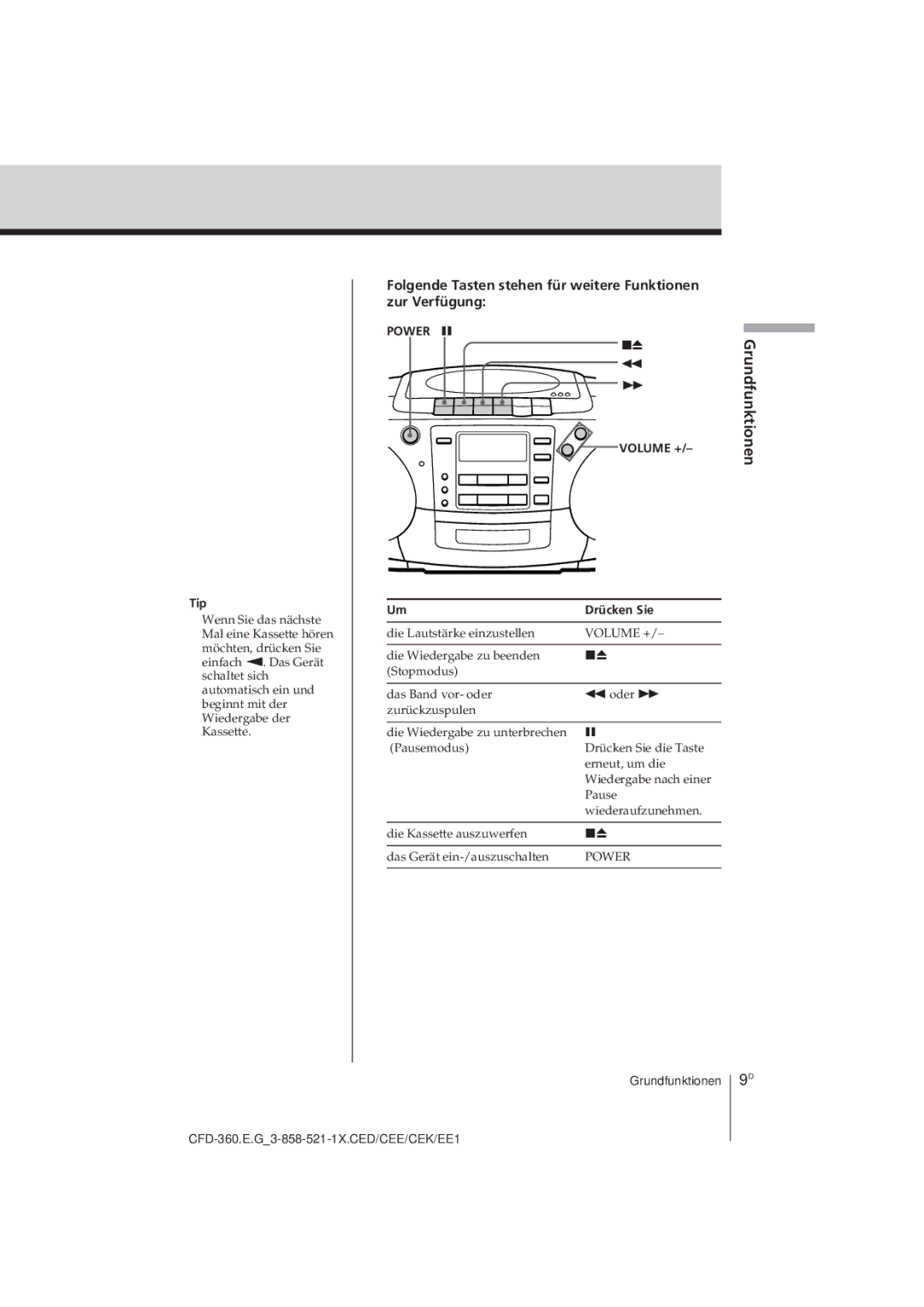 Sony CFD-360 operating instructions Power P Volume + 