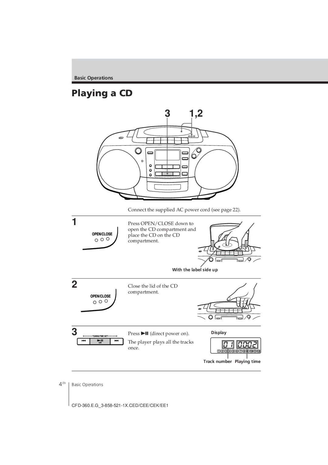 Sony CFD-360 Playing a CD, Basic Operations, Close the lid of the CD compartment, Press direct power on 