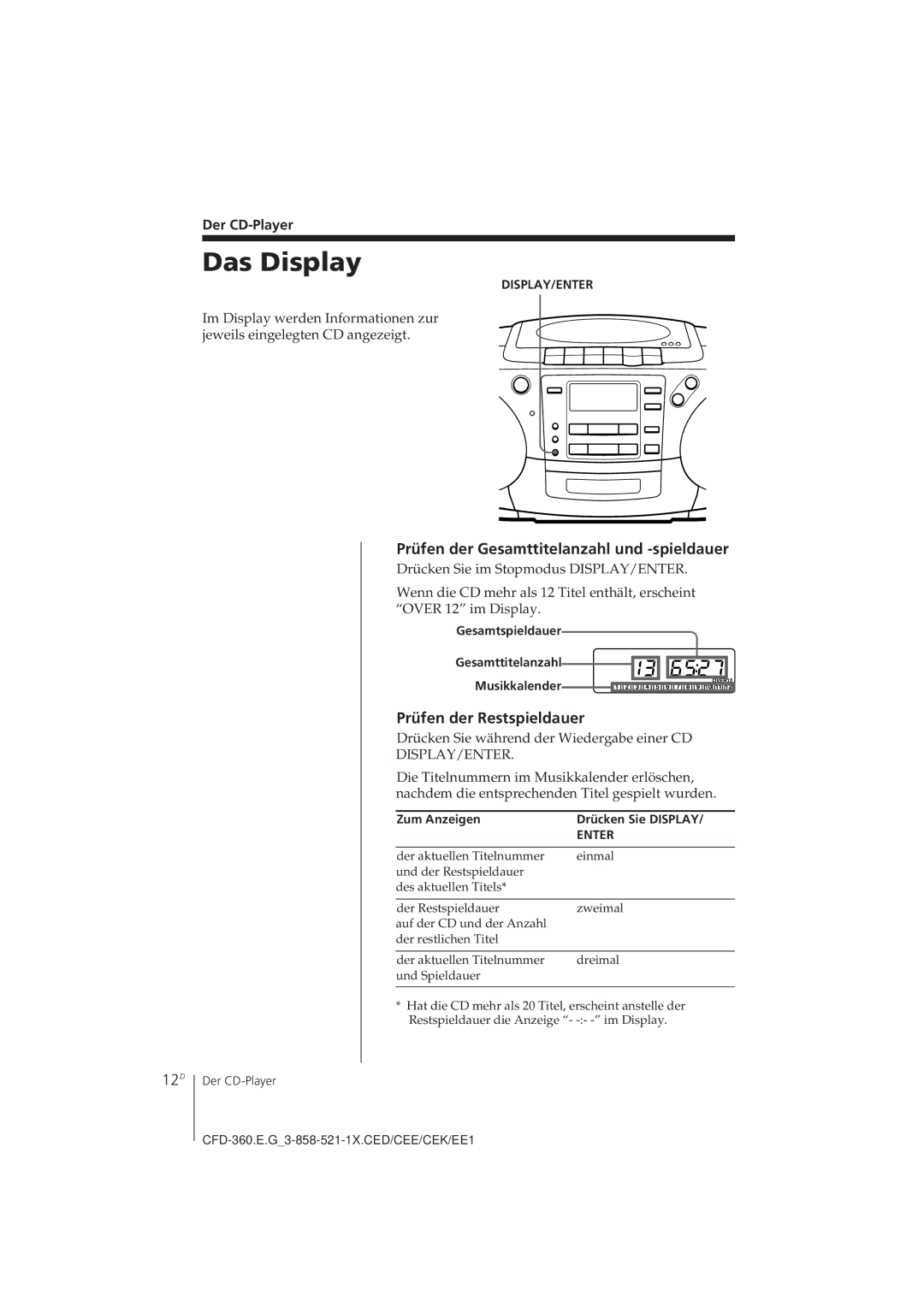 Sony CFD-360 Das Display, 12D, Prüfen der Gesamttitelanzahl und -spieldauer, Prüfen der Restspieldauer, Der CD-Player 