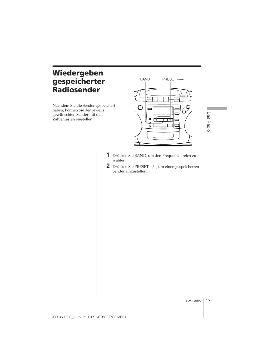 Sony CFD-360 operating instructions Wiedergeben Gespeicherter, Radiosender, Das Radio, 17D 