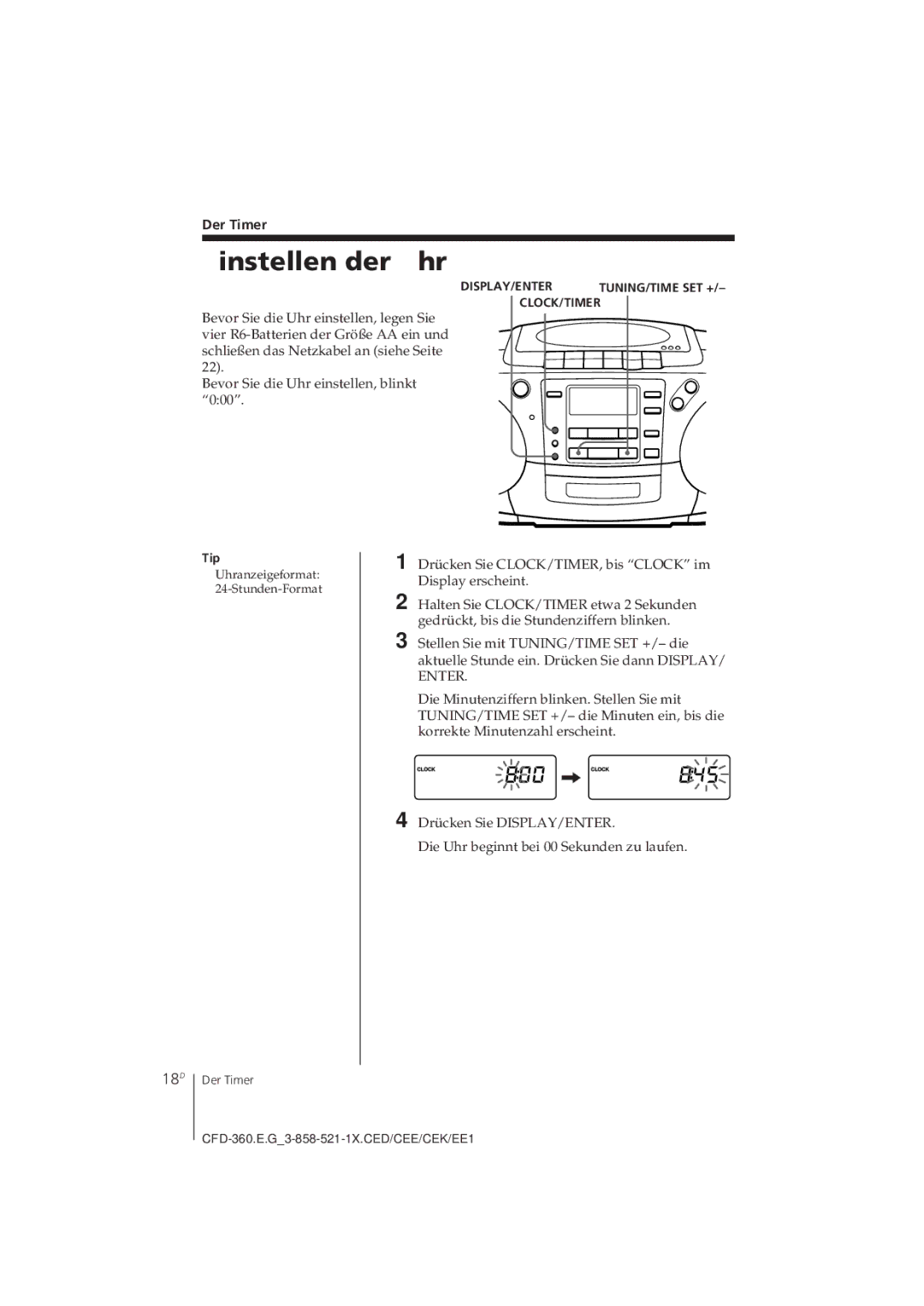 Sony CFD-360 operating instructions Einstellen der Uhr, 18D, Der Timer 