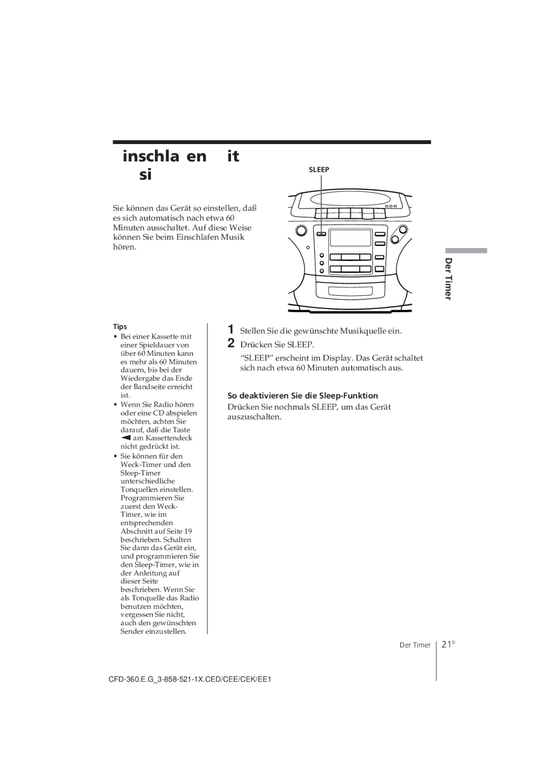 Sony CFD-360 operating instructions Einschlafen mit Musik, 21D, So deaktivieren Sie die Sleep-Funktion 