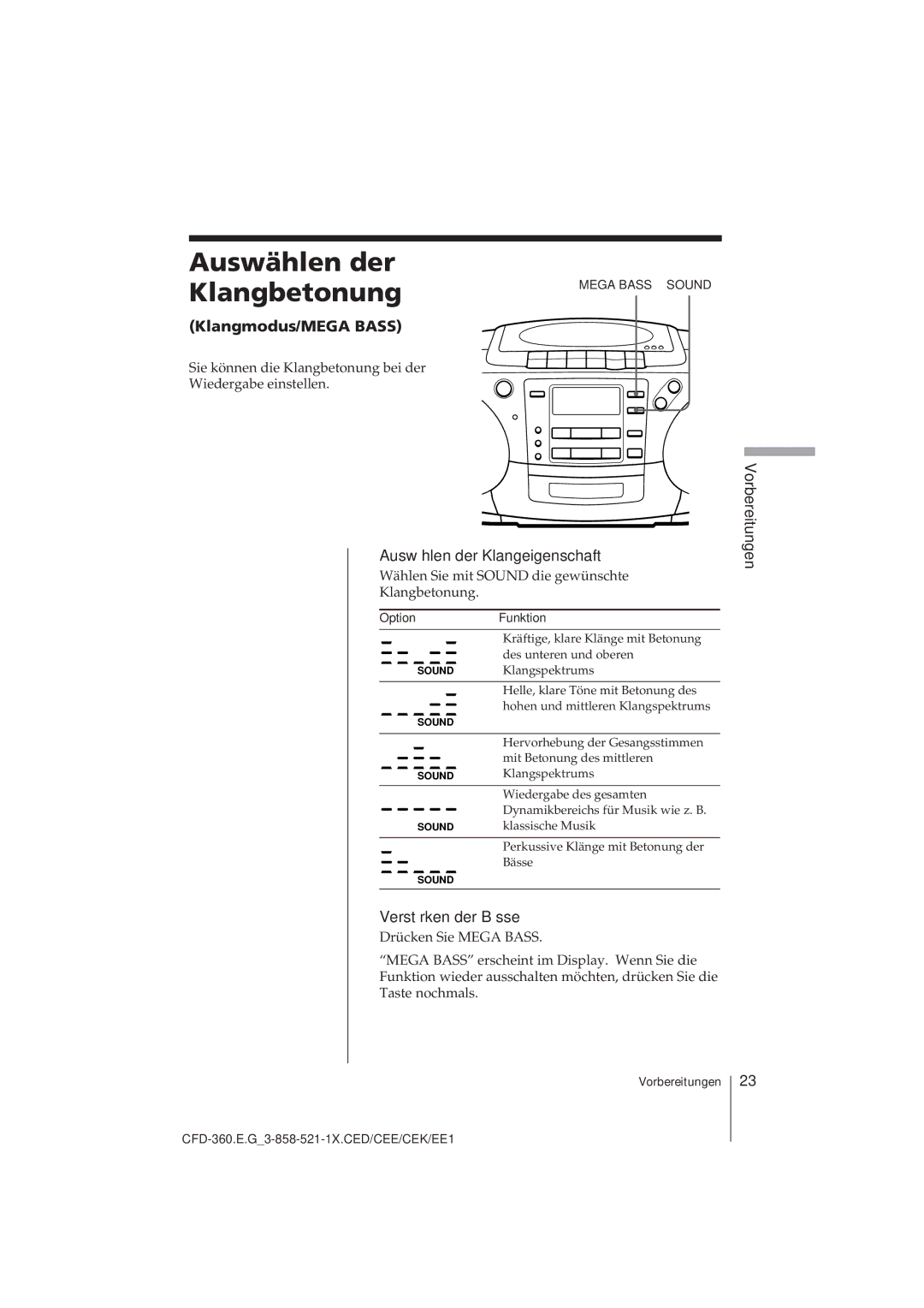 Sony CFD-360 operating instructions Auswählen der Klangbetonung, Klangmodus/MEGA Bass, Auswählen der Klangeigenschaft, 23D 