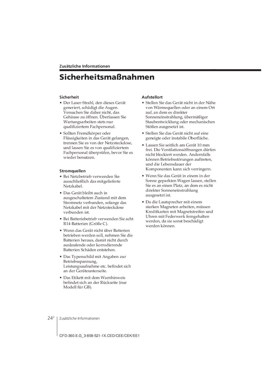 Sony CFD-360 operating instructions Sicherheitsmaßnahmen, 24D 