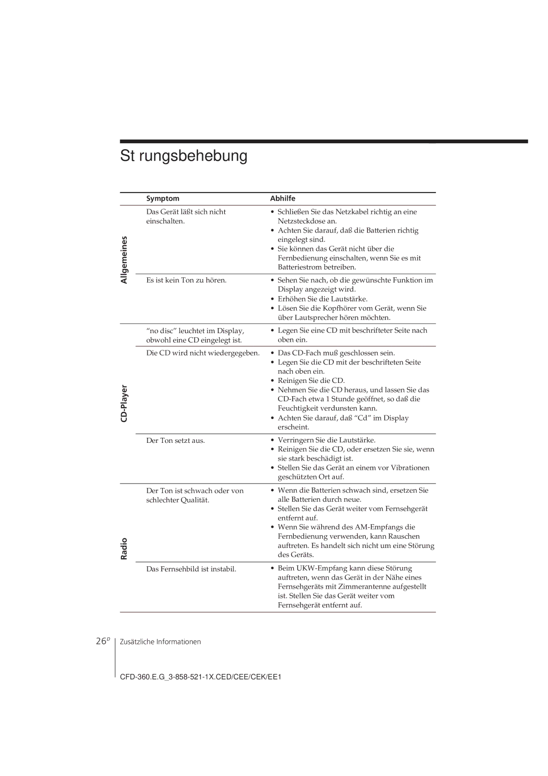 Sony CFD-360 operating instructions Störungsbehebung, 26D, Allgemeines CD-Player, Symptom Abhilfe 