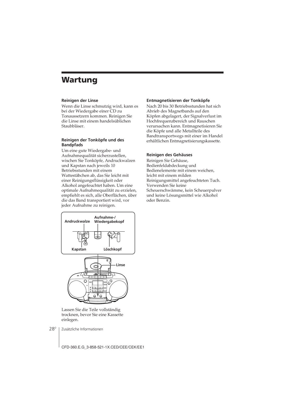 Sony CFD-360 operating instructions Wartung, 28D 