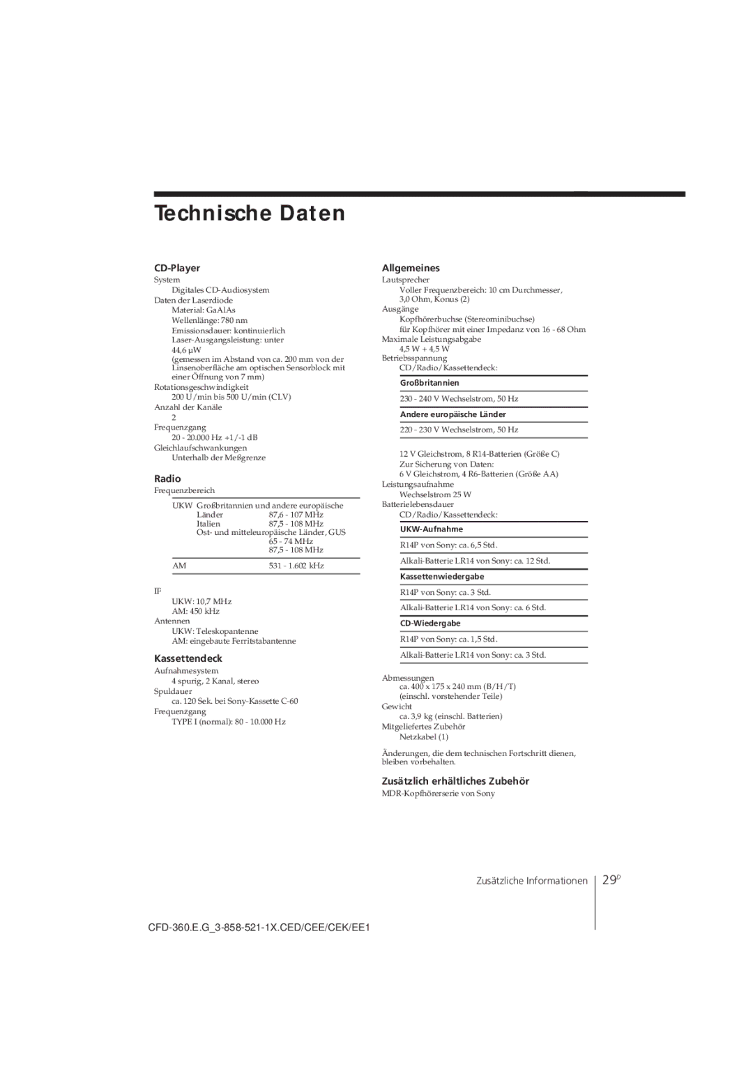 Sony CFD-360 operating instructions Technische Daten, 29D 