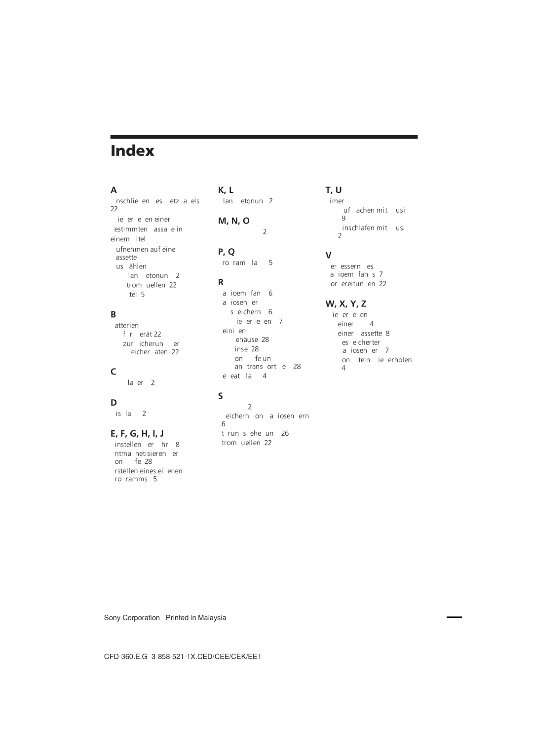 Sony CFD-360 operating instructions G, H, I, J, Y, Z 