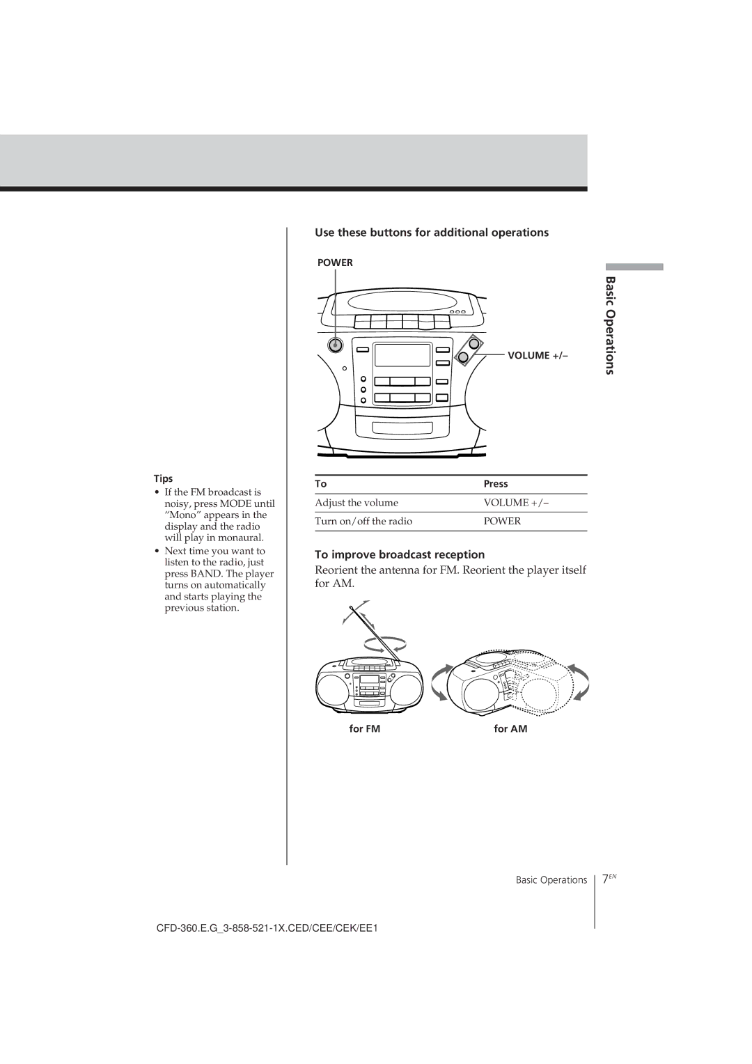 Sony CFD-360 operating instructions Basic Operations, To improve broadcast reception, Tips, For FM 