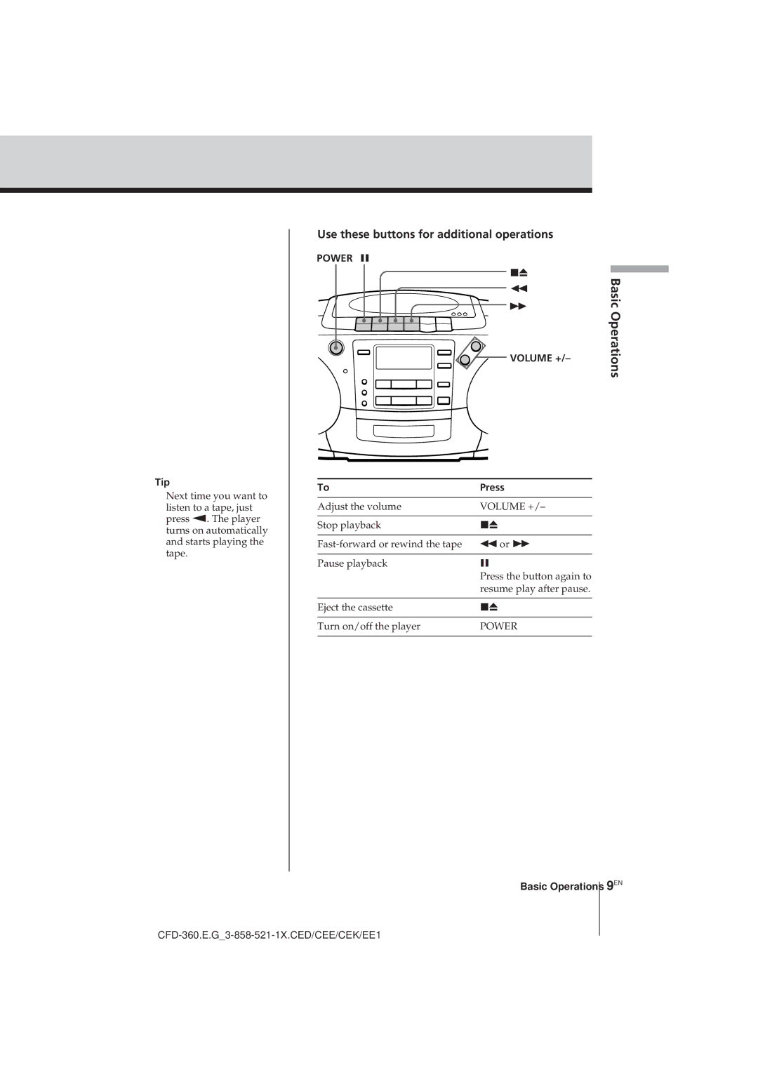 Sony CFD-360 operating instructions Power P Volume + 