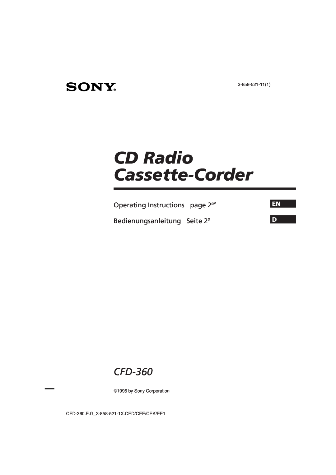 Sony CFD-360 operating instructions CD Radio Cassette-Corder, Operating Instructions, page 2EN, Bedienungsanleitung 