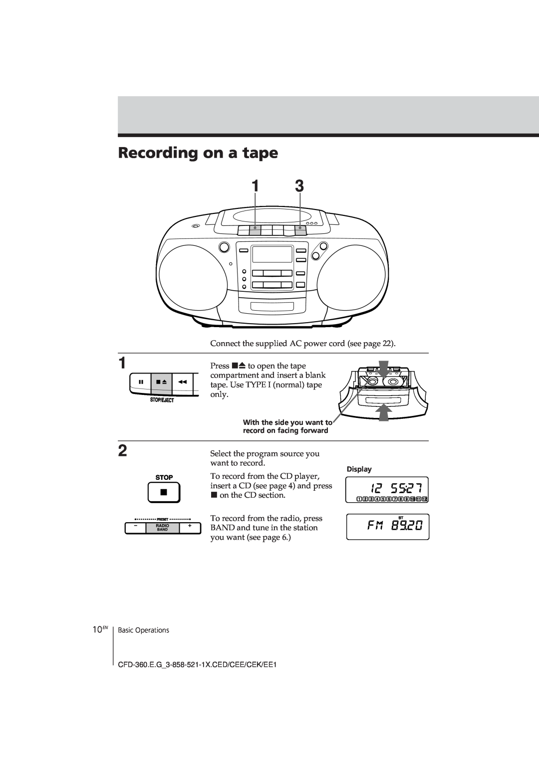 Sony CFD-360 operating instructions Recording on a tape, 10EN 