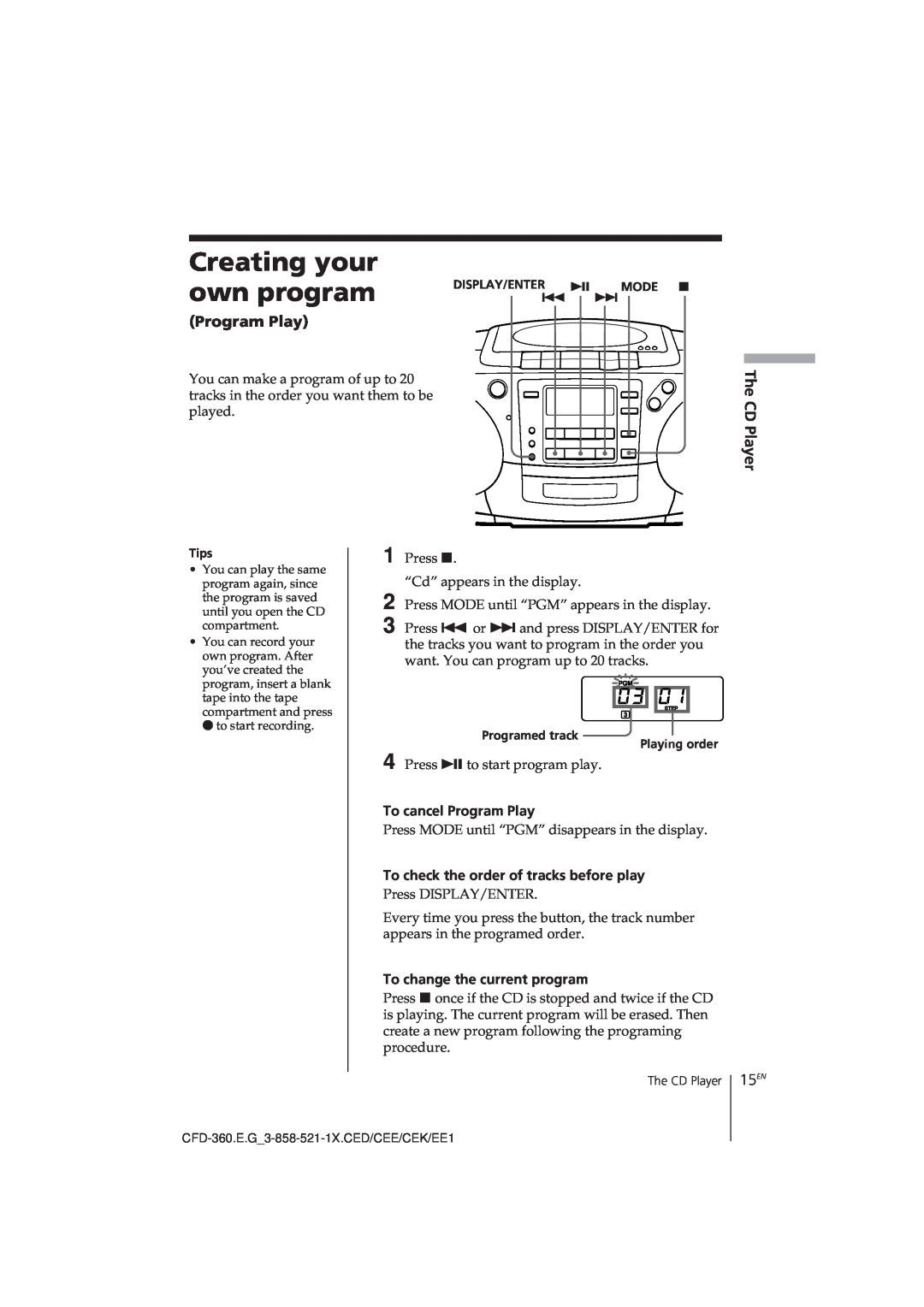 Sony CFD-360 operating instructions Creating your, own program, 15EN, Program Play, The CD Player 