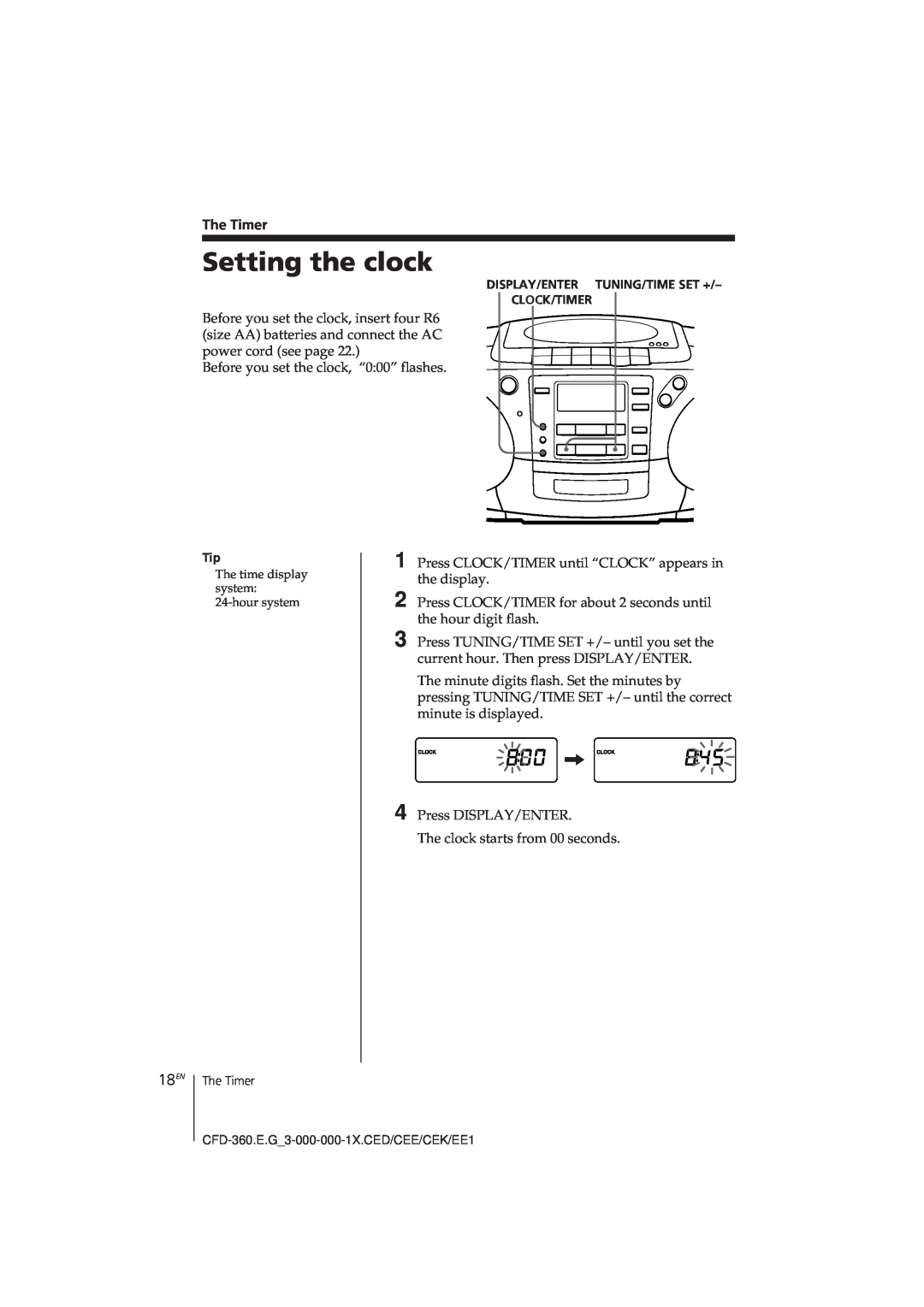 Sony CFD-360 operating instructions Setting the clock, 18EN 