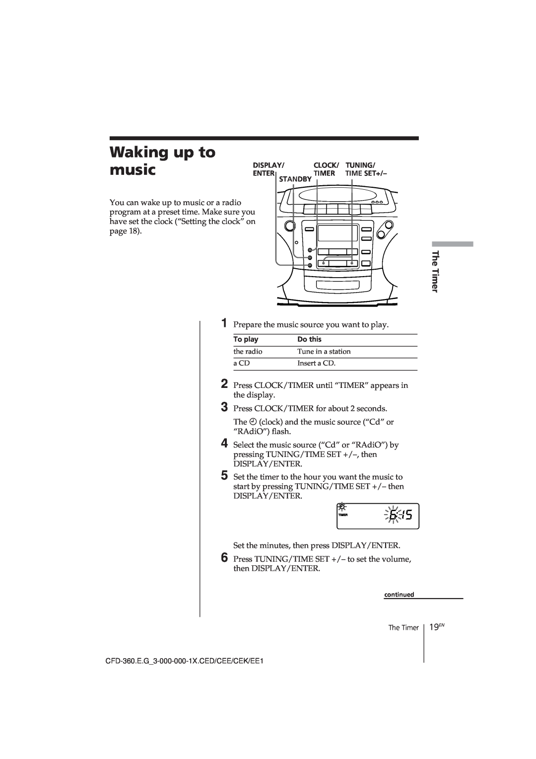 Sony CFD-360 operating instructions Waking up to music, 19EN 
