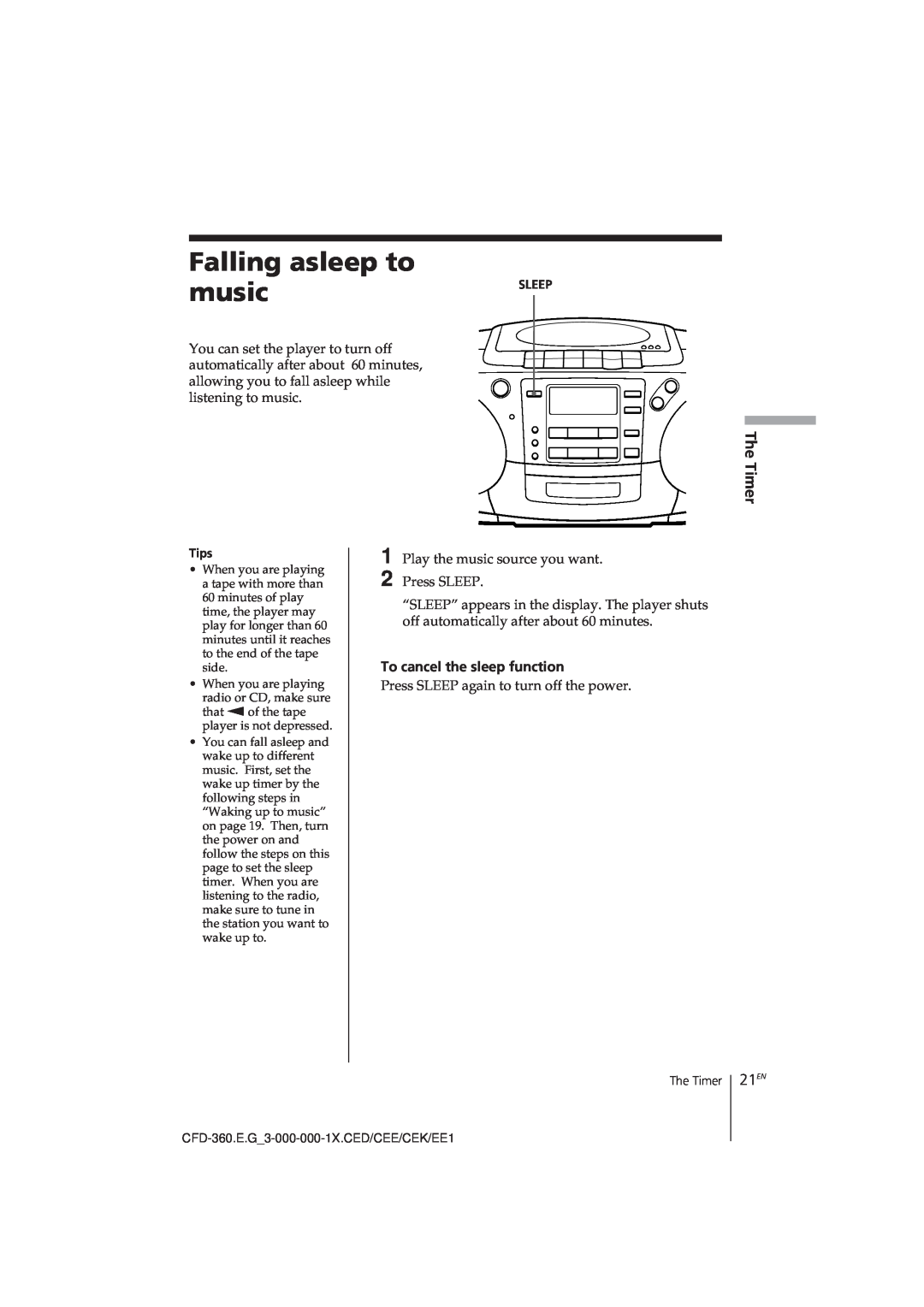 Sony CFD-360 operating instructions Falling asleep to music, 21EN 