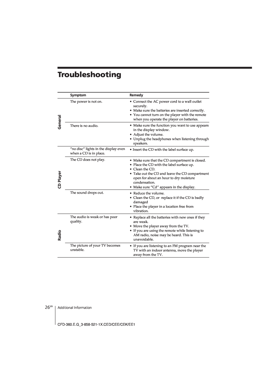 Sony CFD-360 operating instructions Troubleshooting, 26EN, Symptom, Remedy 