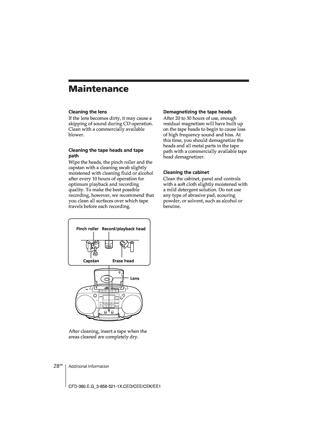 Sony CFD-360 operating instructions Maintenance, 28EN 