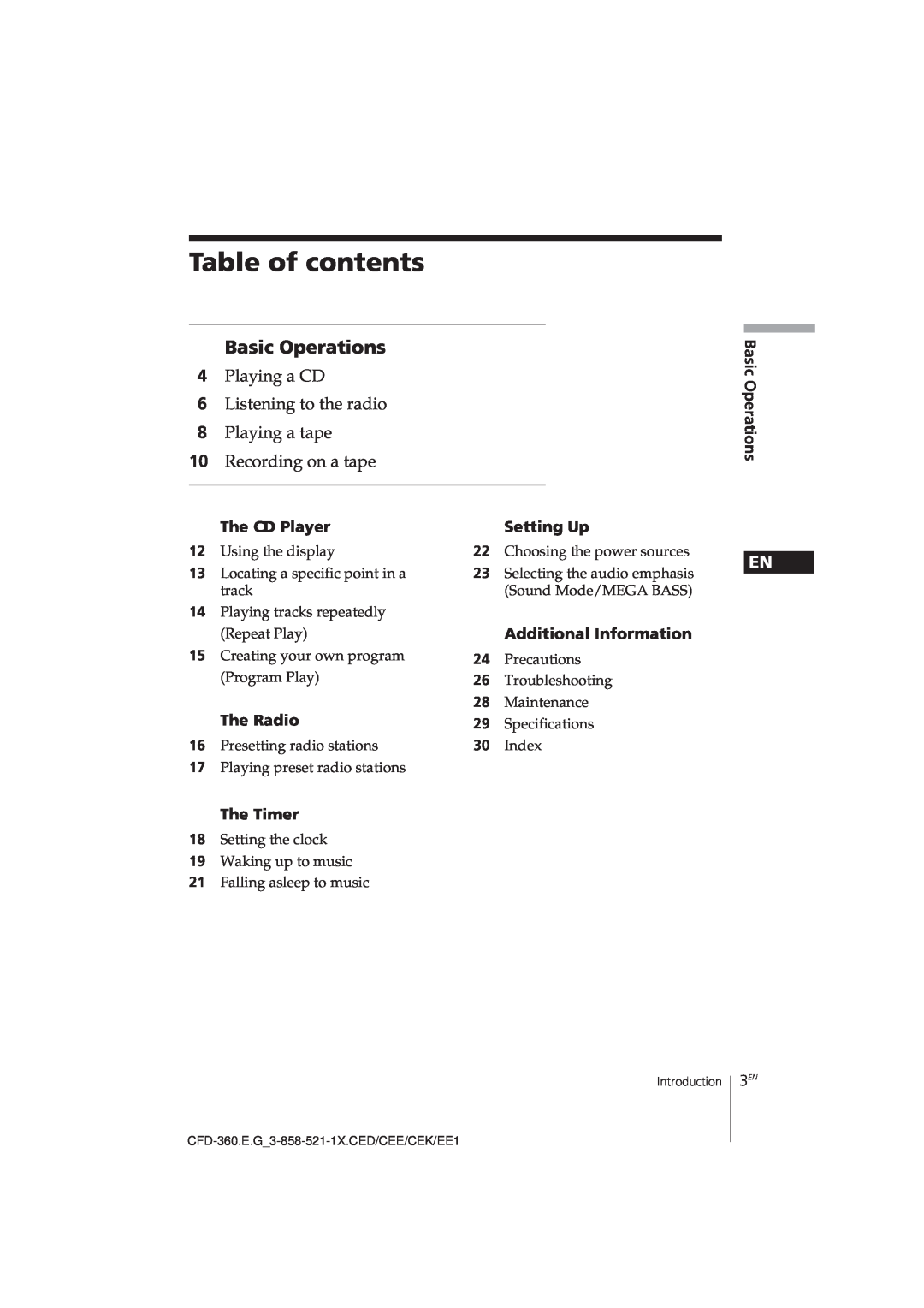 Sony CFD-360 operating instructions Table of contents, Basic Operations, 4Playing a CD 6Listening to the radio 
