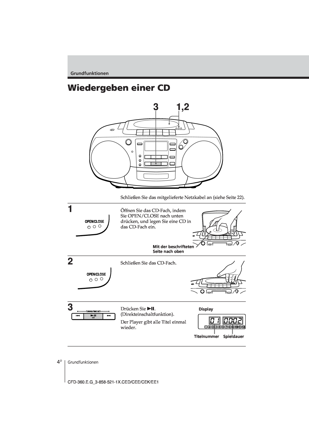 Sony CFD-360 operating instructions Wiedergeben einer CD, 3 1,2 