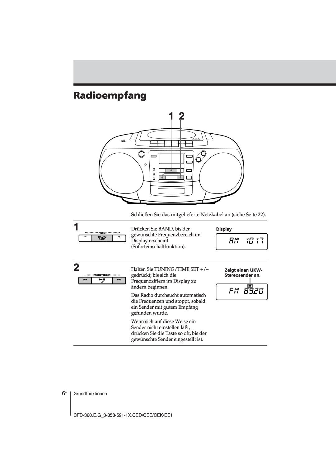 Sony CFD-360 operating instructions Radioempfang 