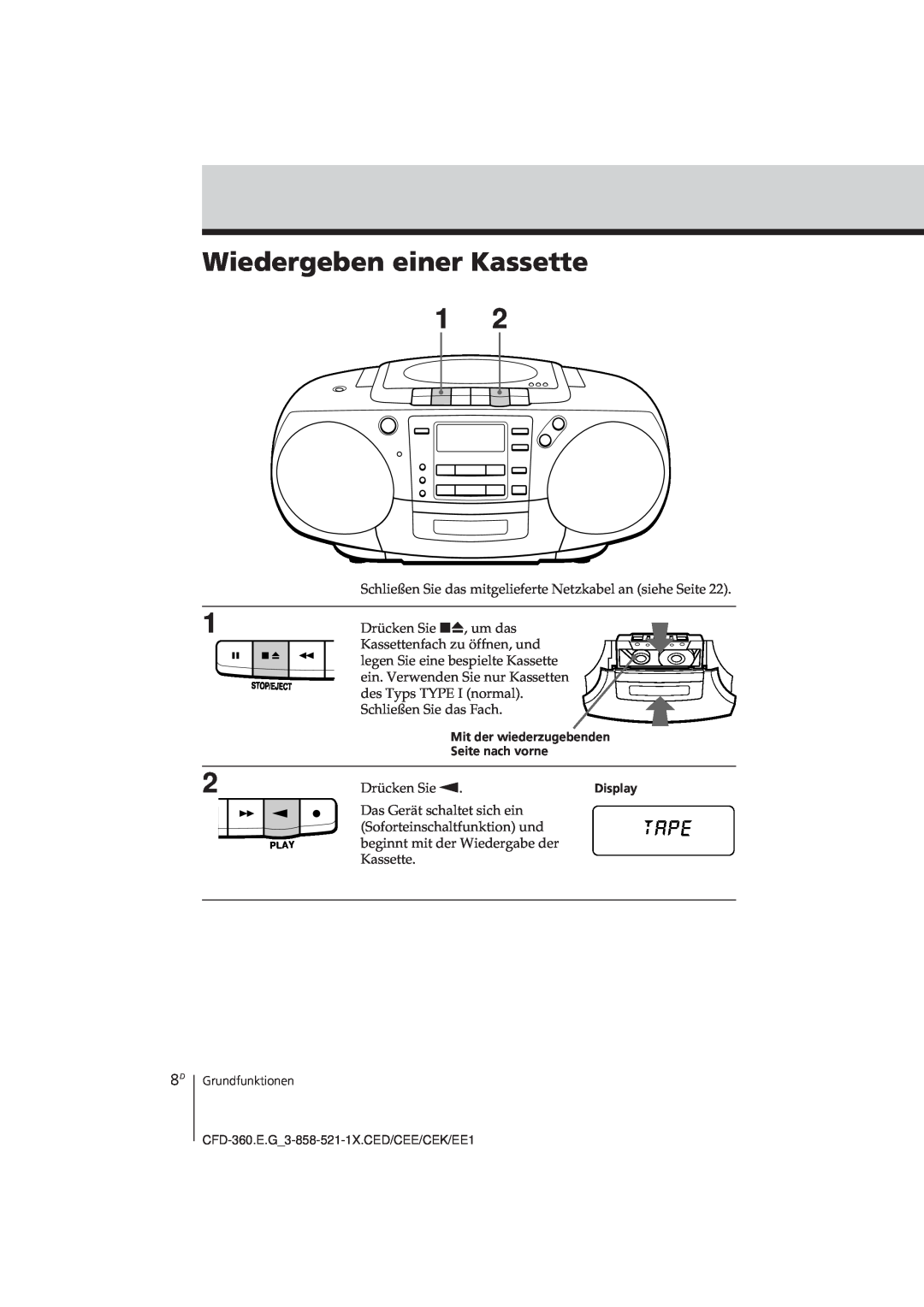 Sony CFD-360 operating instructions Wiedergeben einer Kassette 