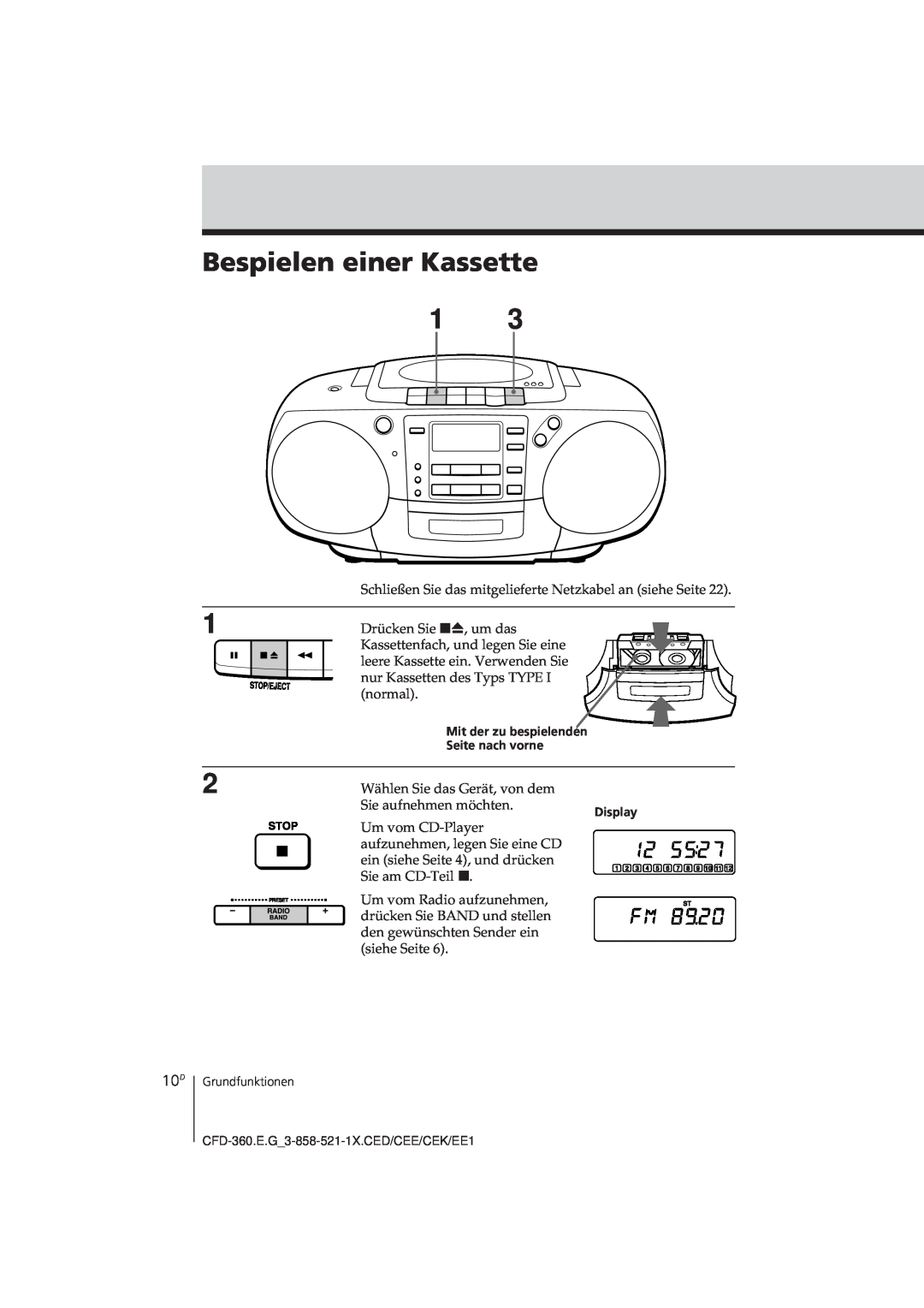Sony CFD-360 operating instructions Bespielen einer Kassette 