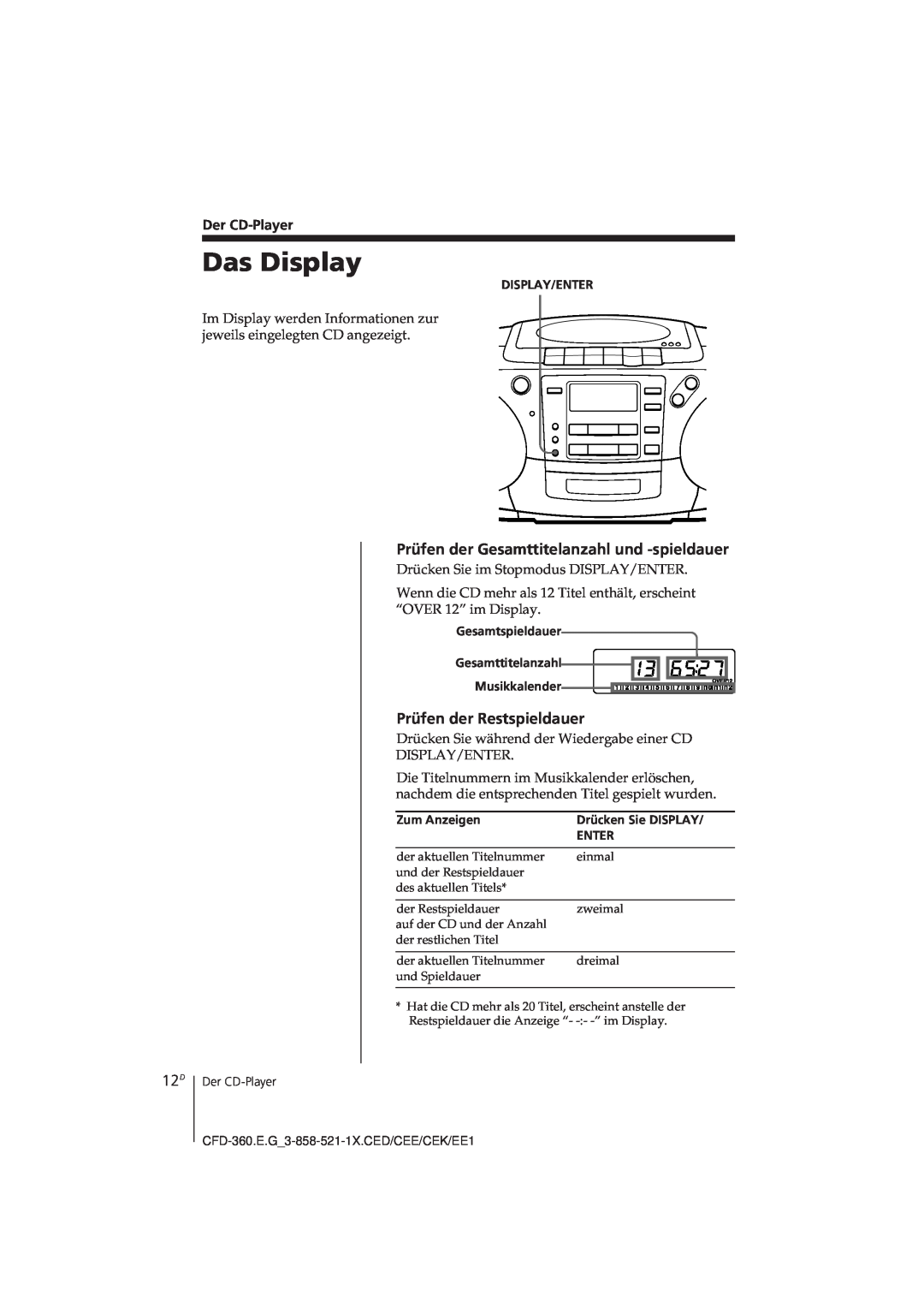 Sony CFD-360 operating instructions Das Display, Prüfen der Gesamttitelanzahl und -spieldauer, Prüfen der Restspieldauer 