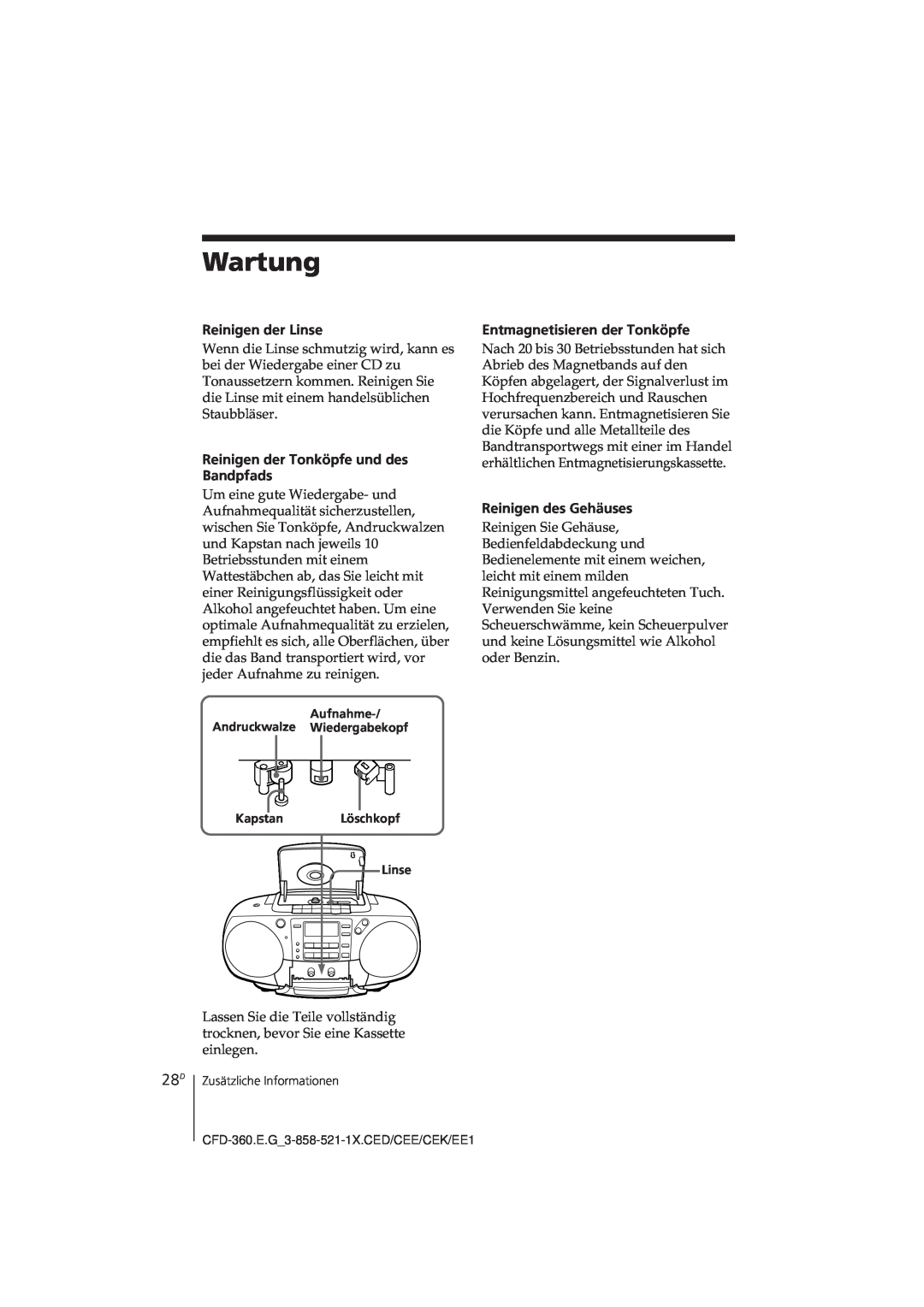 Sony CFD-360 operating instructions Wartung 