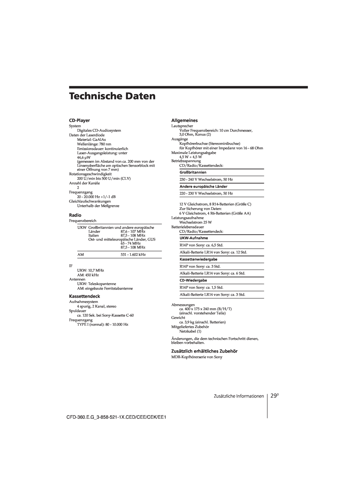 Sony Technische Daten, CD-Player, Radio, Kassettendeck, CFD-360.E.G 3-858-521-1X.CED/CEE/CEK/EE1, Allgemeines 