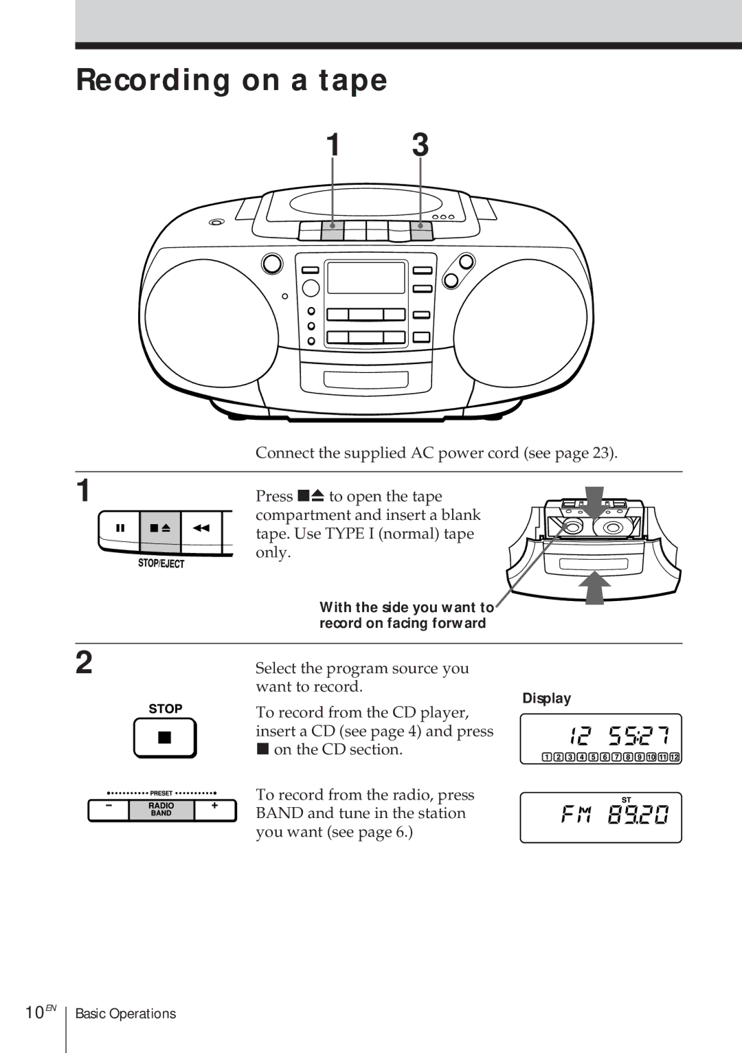 Sony CFD-370 operating instructions Recording on a tape, 10EN, With the side you want to, Record on facing forward 