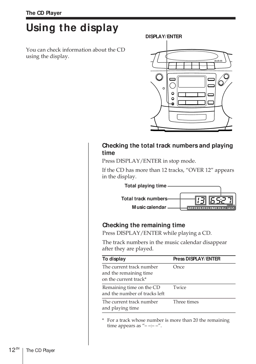 Sony CFD-370 Using the display, Checking the total track numbers and playing time, Checking the remaining time, 12EN 