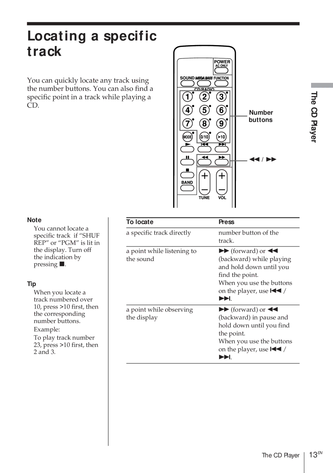 Sony CFD-370 operating instructions Locating a specific track, CD Player, 13EN, Number buttons, To locate Press 