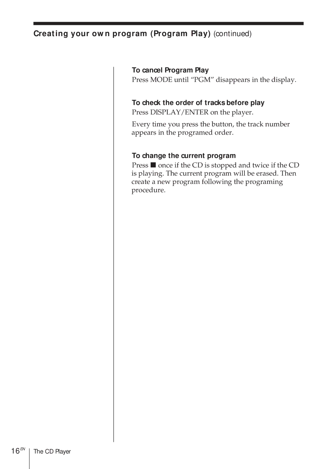 Sony CFD-370 Creating your own program Program Play, 16EN, To cancel Program Play, To change the current program 