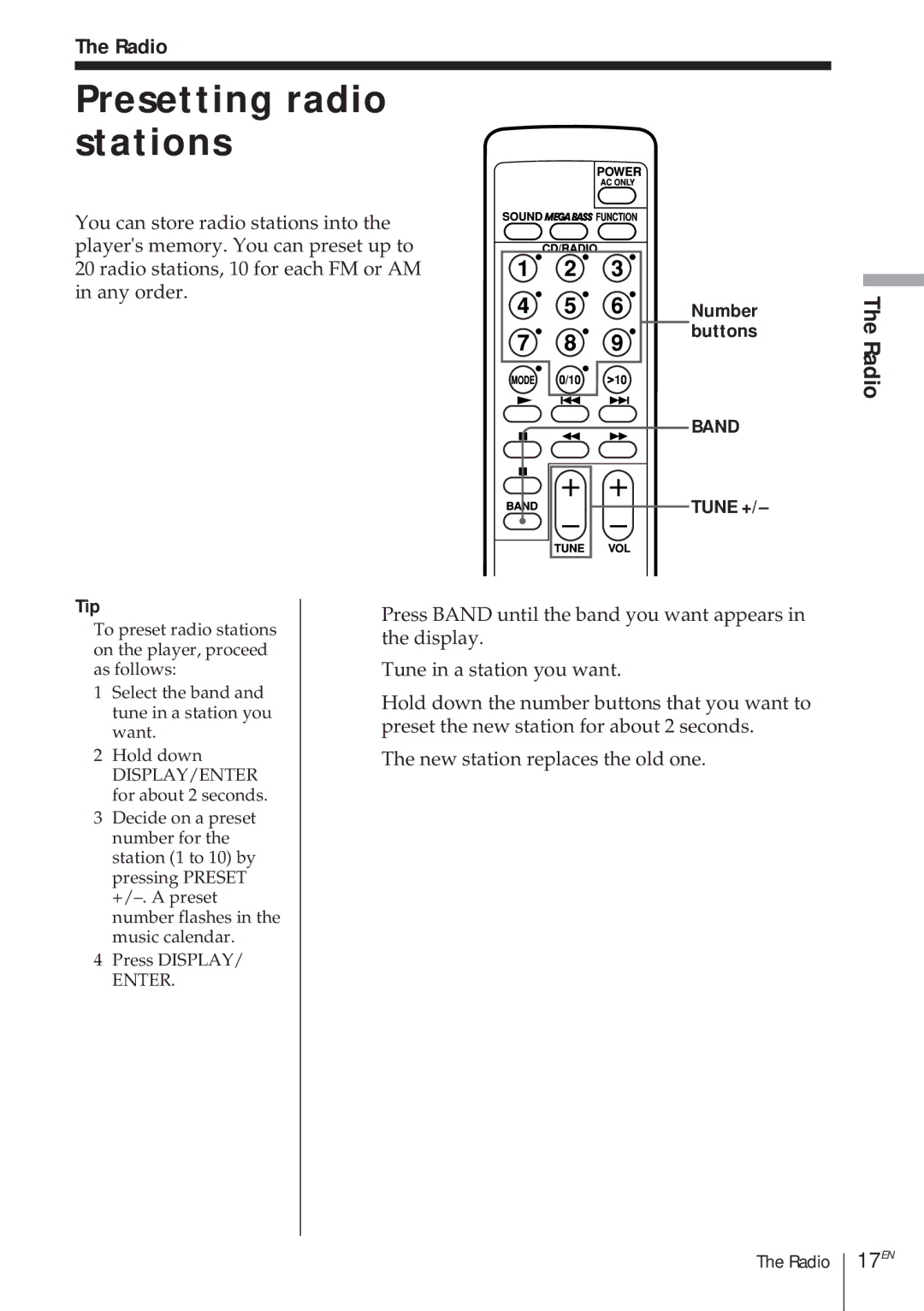 Sony CFD-370 operating instructions Presetting radio stations, 17EN, Radio, Tune + 