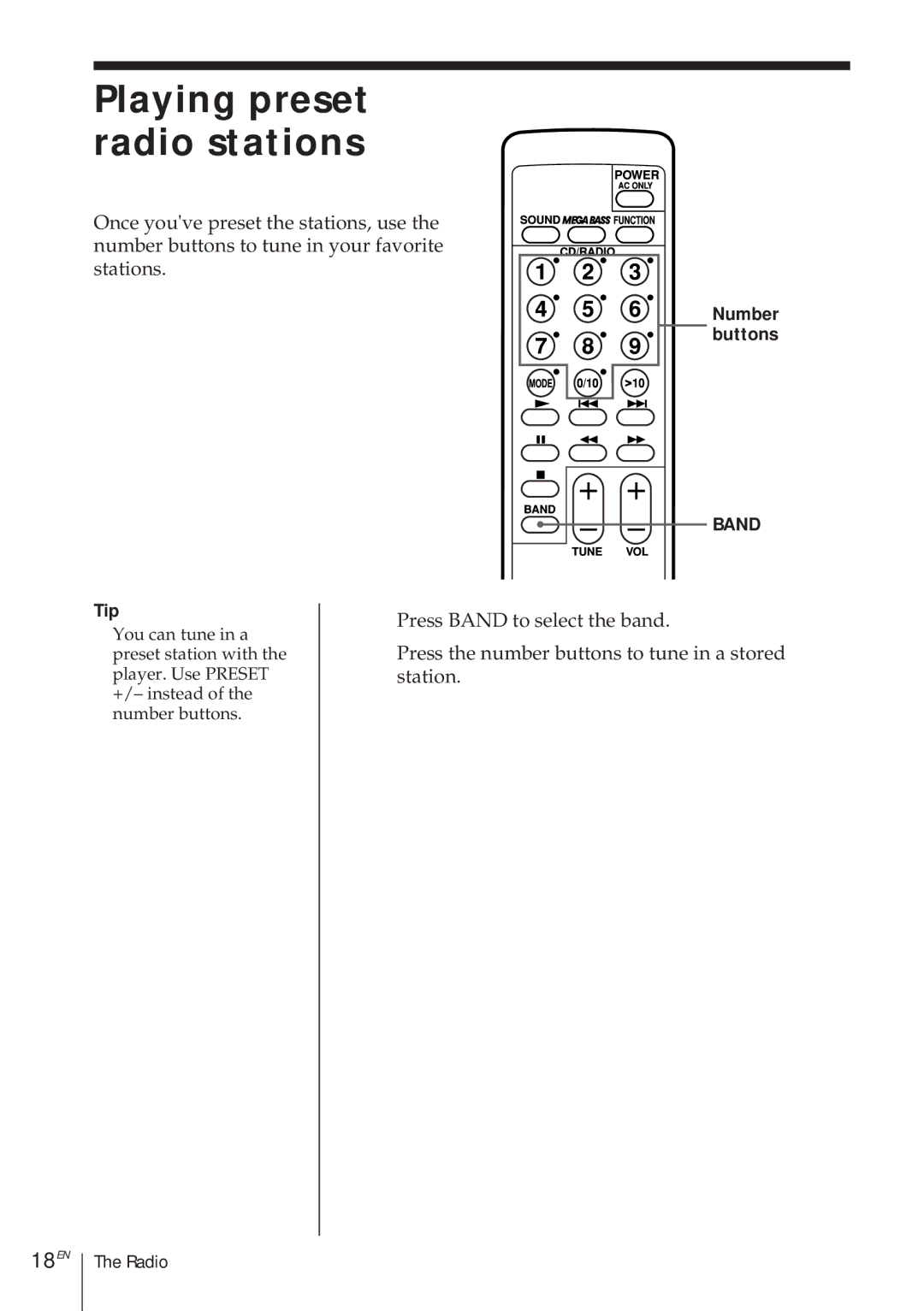 Sony CFD-370 operating instructions Playing preset radio stations, 18EN 