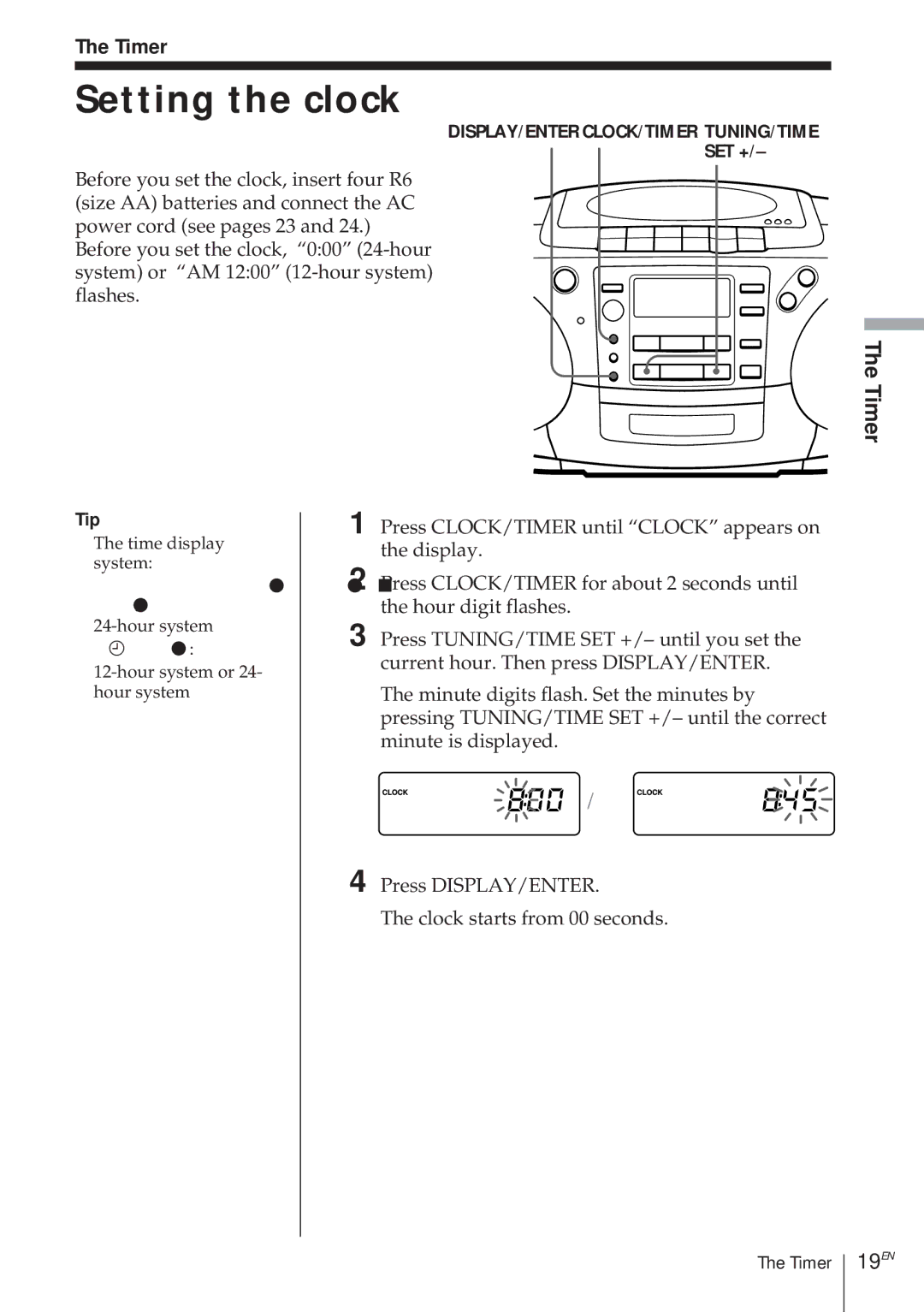 Sony CFD-370 operating instructions Setting the clock, 19EN, Timer, Set + 