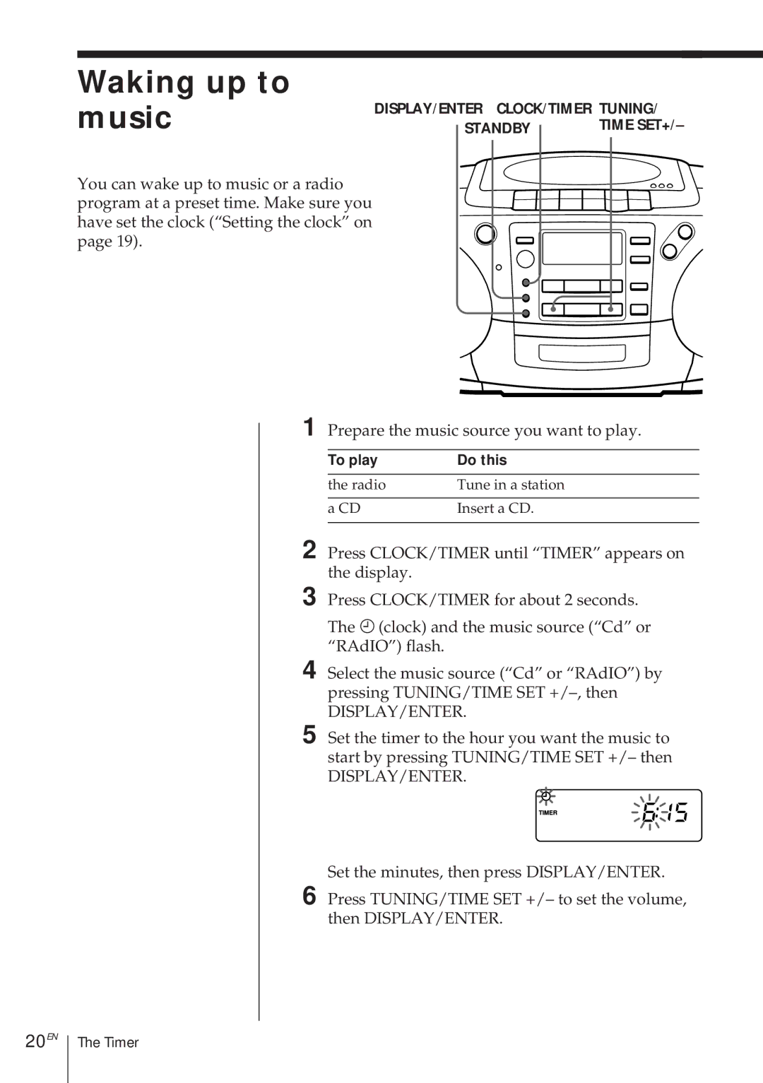 Sony CFD-370 operating instructions Waking up to music, 20EN, To play Do this 