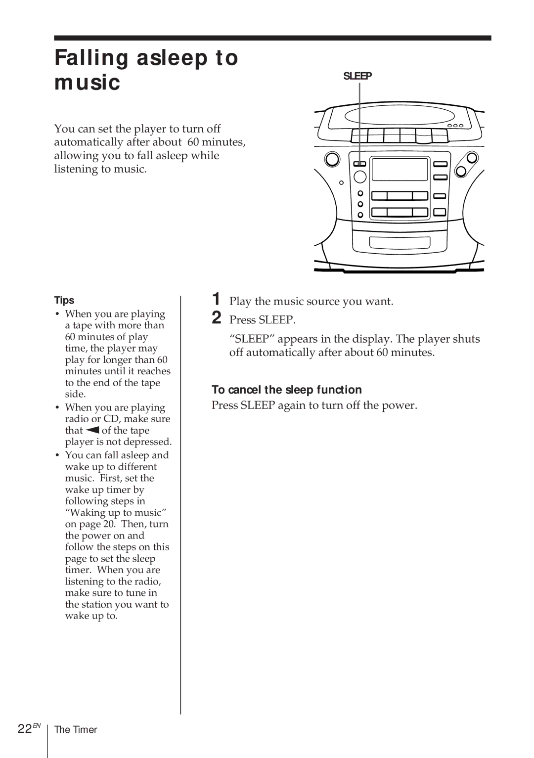 Sony CFD-370 operating instructions Falling asleep to music, 22EN, To cancel the sleep function 