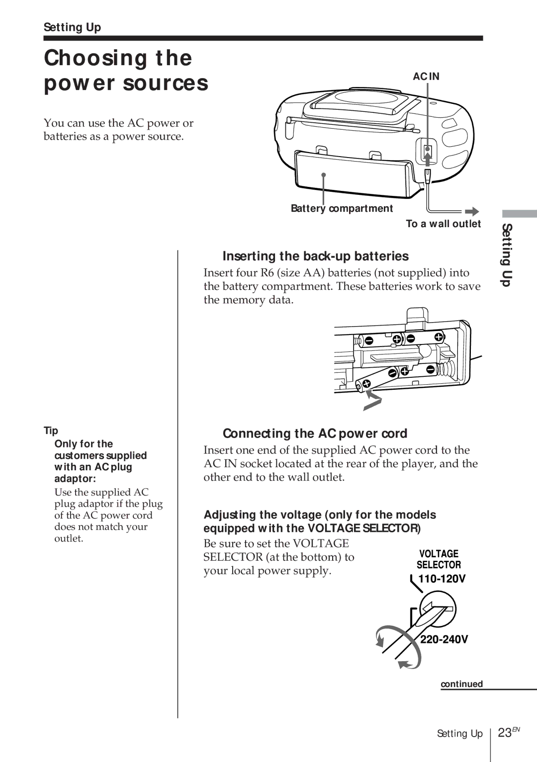 Sony CFD-370 Choosing Power sources, Inserting the back-up batteries, Connecting the AC power cord, 23EN, Setting Up 