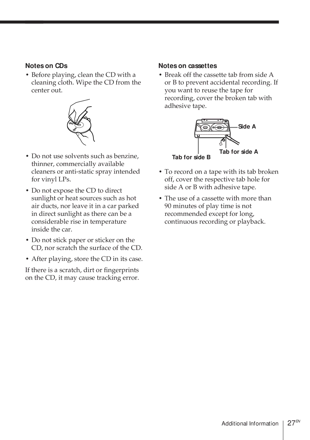 Sony CFD-370 operating instructions 27EN, Side a, Tab for side a Tab for side B 