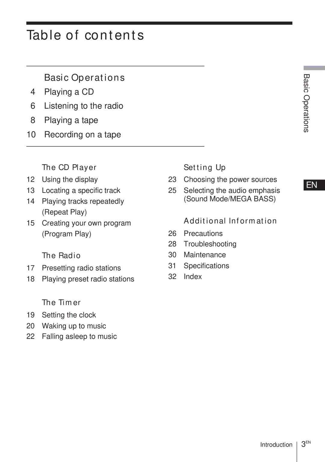 Sony CFD-370 operating instructions Table of contents 