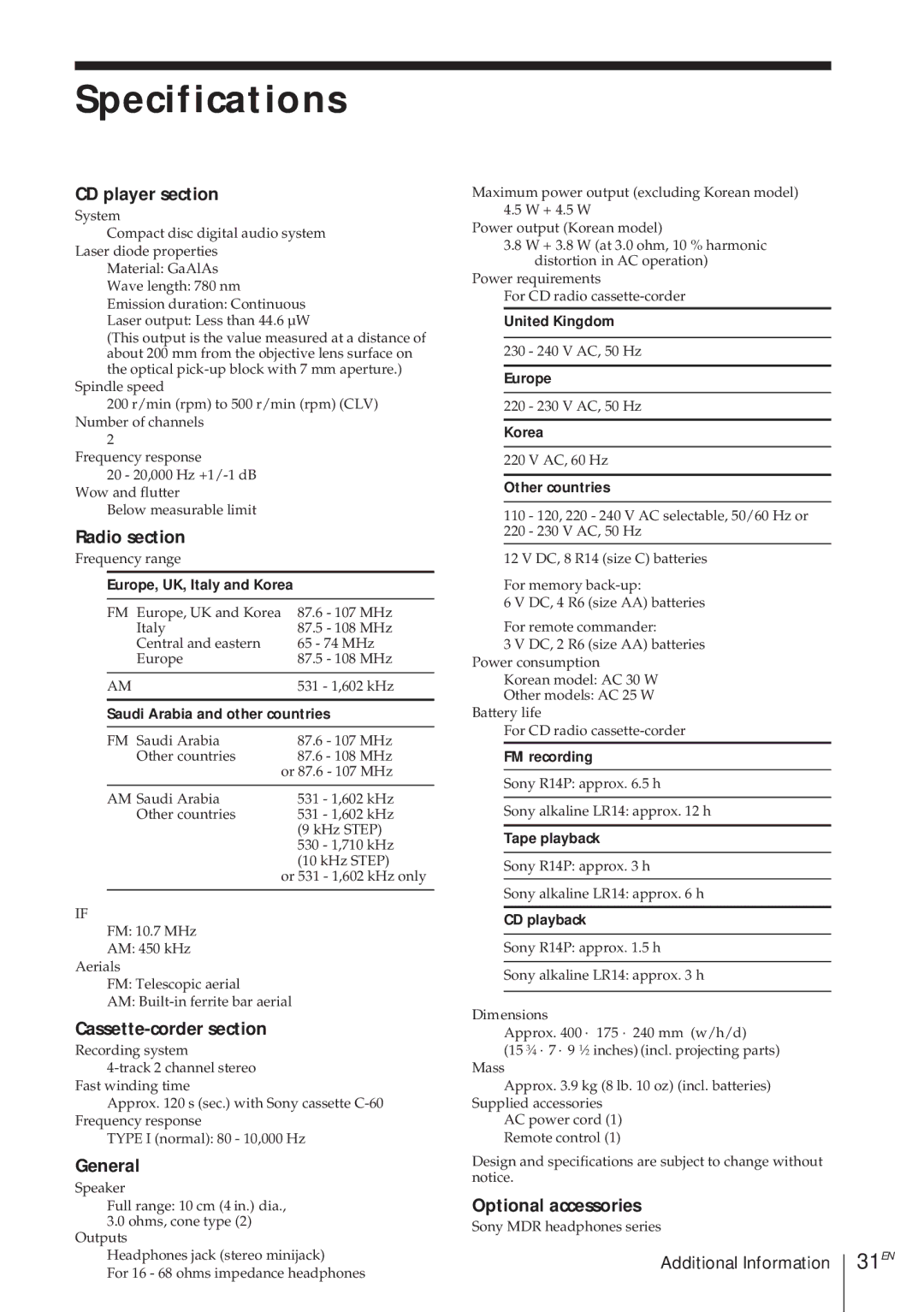 Sony CFD-370 operating instructions Specifications 