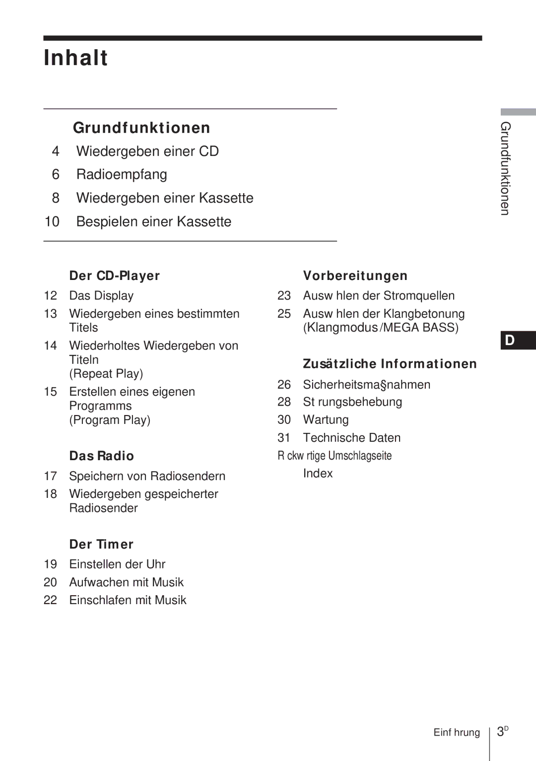 Sony CFD-370 Inhalt, Grundfunktionen Der CD-Player Vorbereitungen, Zusätzliche Informationen, Der Timer 