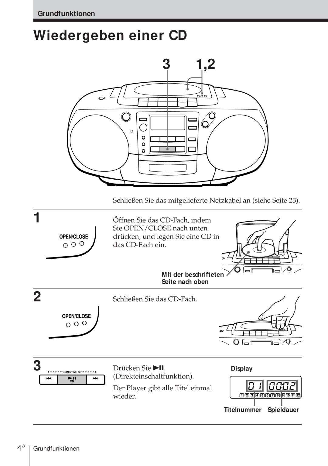 Sony CFD-370 Wiedergeben einer CD, Grundfunktionen, Mit der beschrifteten Seite nach oben, Titelnummer Spieldauer 