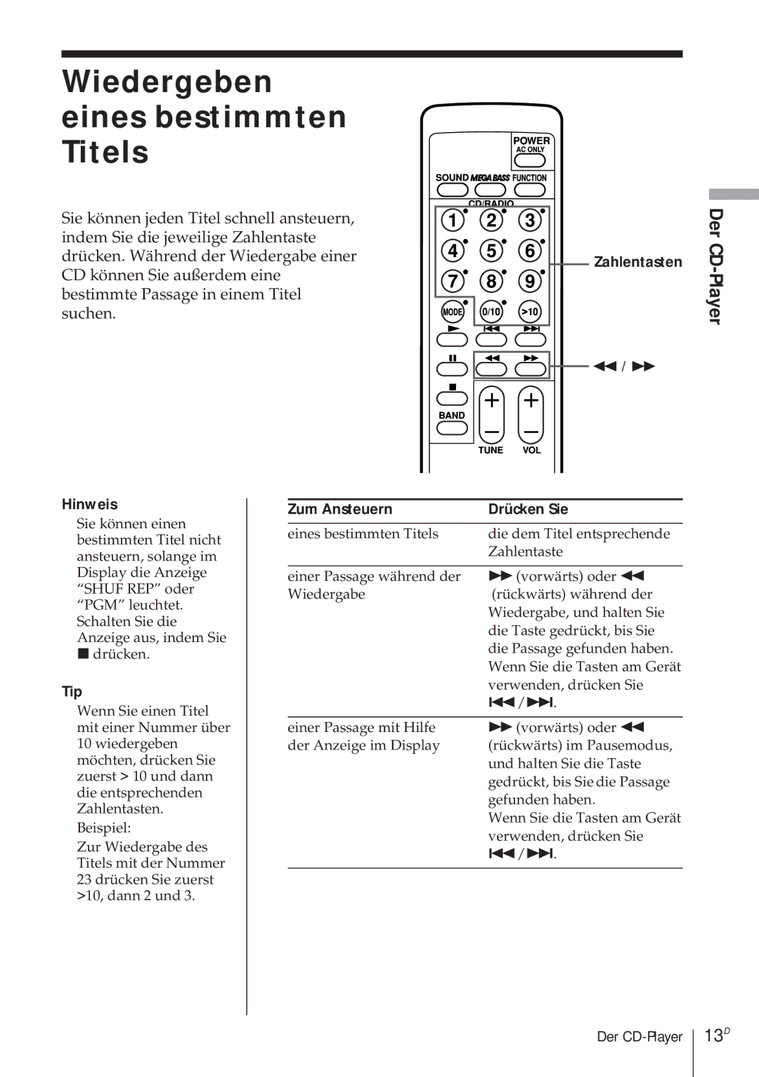 Sony CFD-370 operating instructions Wiedergeben eines bestimmten Titels, 13D, Der CD, Player 