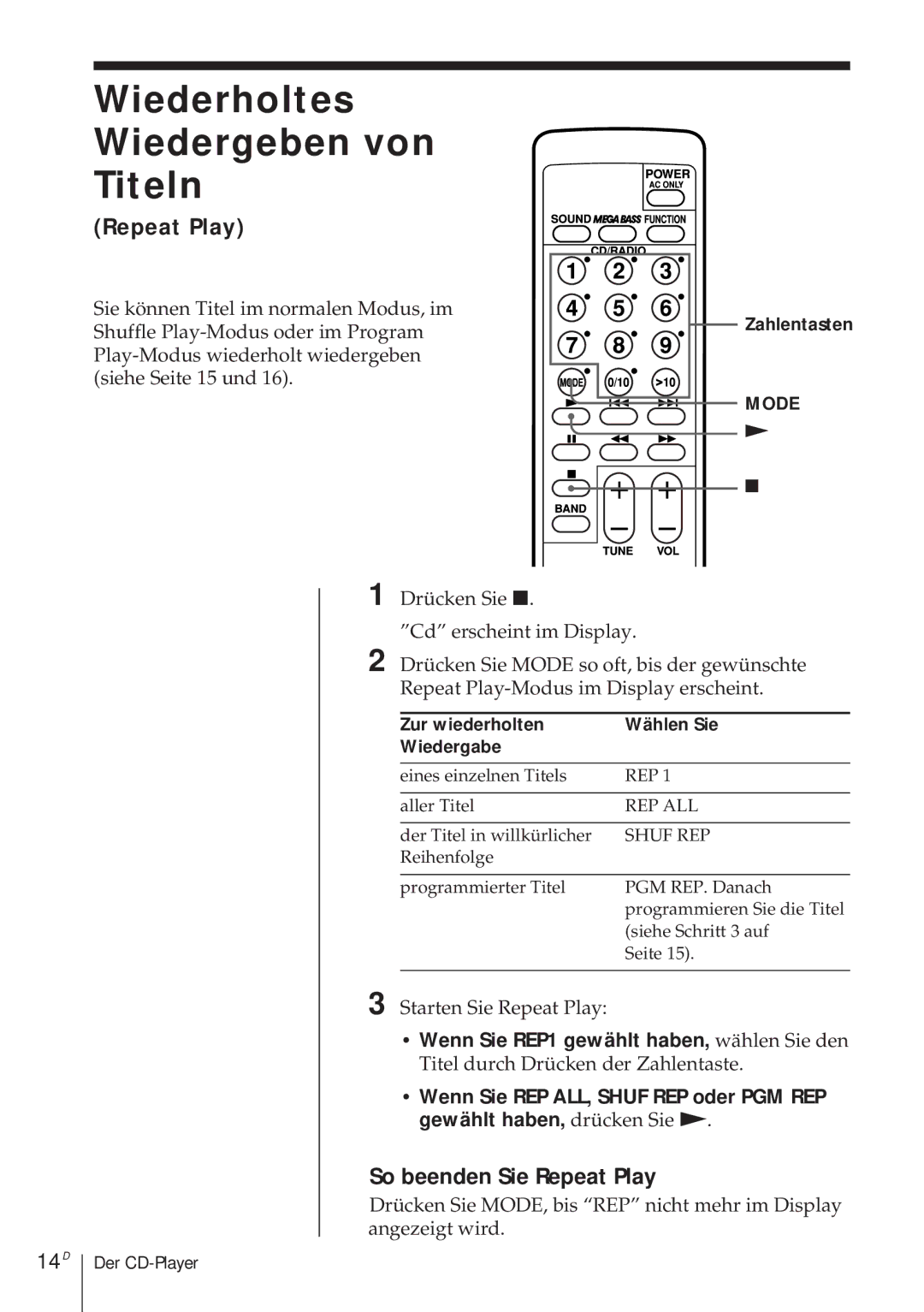 Sony CFD-370 Wiederholtes Wiedergeben von Titeln, So beenden Sie Repeat Play, 14D, Zur wiederholten Wählen Sie Wiedergabe 